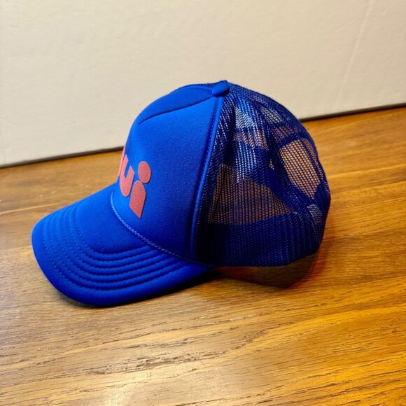 CLARE V. Oui Trucker Hat Unisex Blue With Red Writing Stylish Statement Cap - Picture 2 of 4